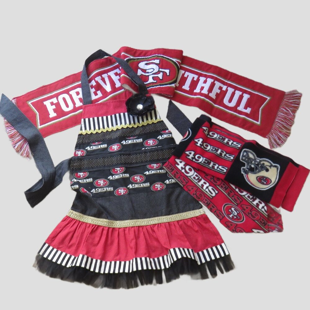 Lot of SF Forty Niner Items - Handmade Apron, Two Scarves, 1 Banner.....726